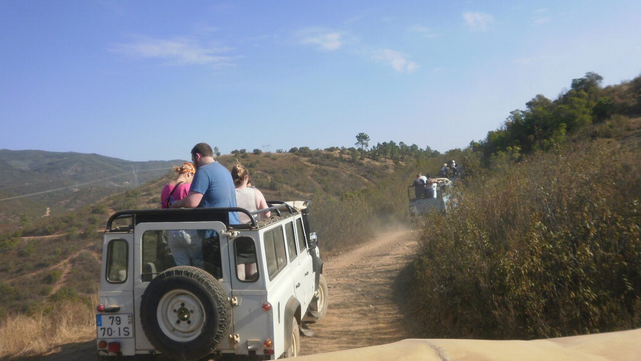 Open-topped four-wheel-drive vehicles on an unsurfaced country track. A representative jeep safari photograph, not the partner's own vehicles or route.