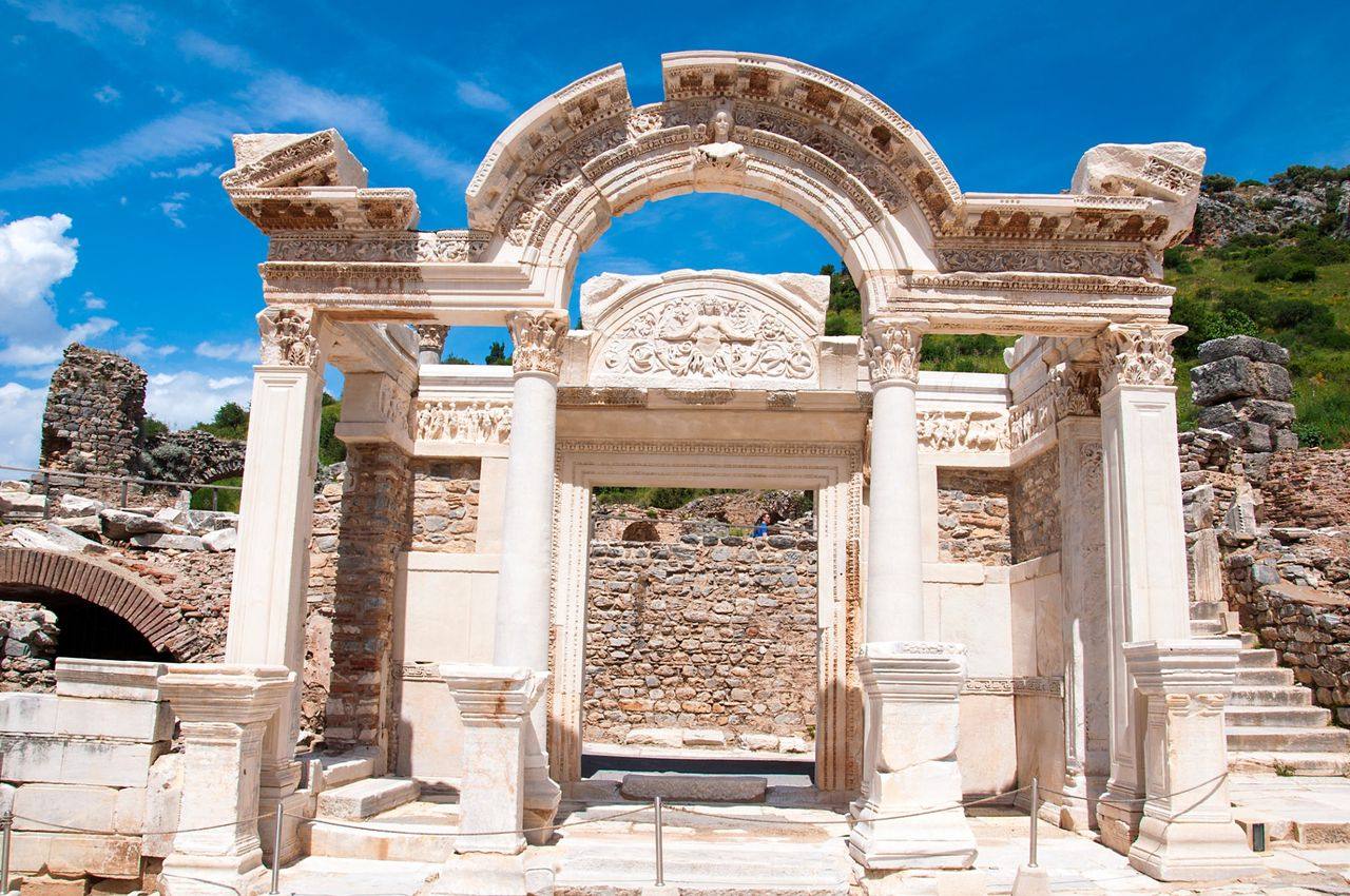The Temple of Hadrian at Ephesus, with its carved arch and Corinthian columns.