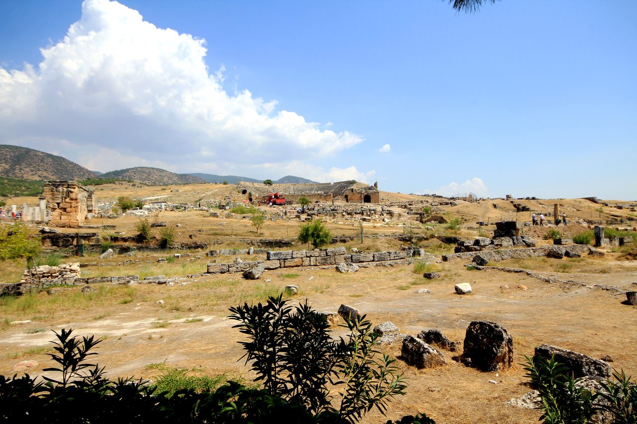 The white travertine terraces of Pamukkale below the ancient city of Hierapolis.