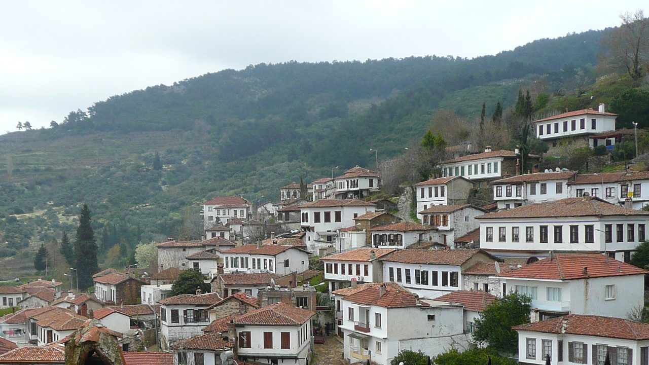 Tiled roofs and whitewashed houses of the hillside village of Sirince above its vineyards.